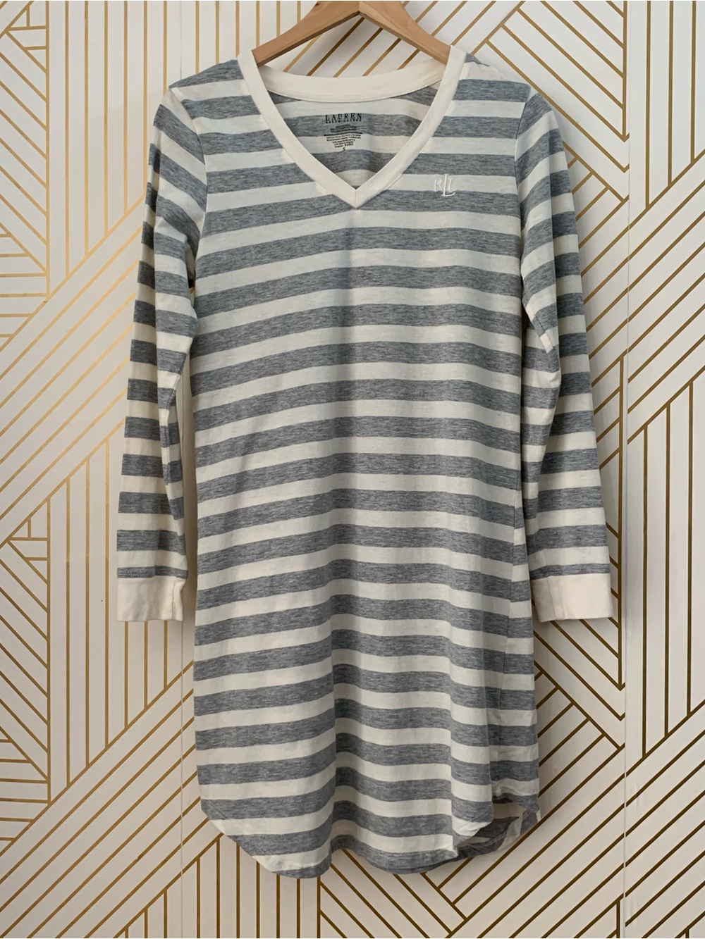 Lauren Ralph Lauren cotton blend striped sleep shirt gray logo classic preppy S